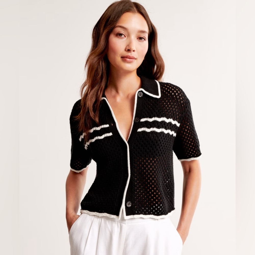 Abercrombie & Fitch Black Button Down Knit Top with White Trim crochet style